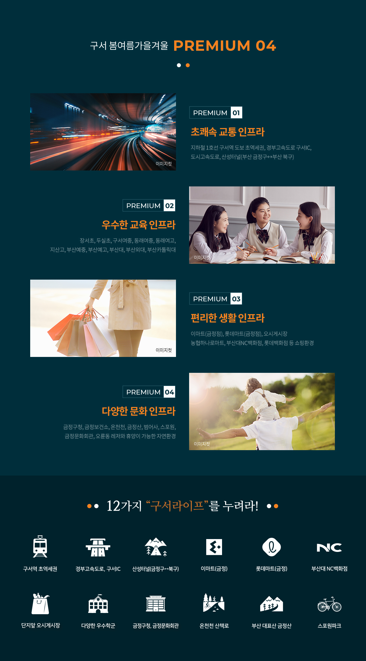 
			[구서 봄여름가을겨울 PREMIUM 04]

			- PREMIUM 01
			쾌속 교통 인프라 
			지하철 1호선 구서역 도보 초역세권
			경부고속도로 구서IC, 도시고속도로 (서면 20분대) 연결  
			장전-화명 을 잇는 산성터널 (서부산 및  김해국제공항) 연결
			부산의 최중심을 잇는 중앙대로, 부산외과순환도로, 사통팔달 연결
			
			- PREMIUM 02
			우수한 교육 인프라 
			정서초교, 구서여중, 동래여중, 동래여고, 지산고,부산예중고  부산대학교, 부산외대, 부산카톨릭대

			- PREMIUM 03
			편리한 생활 인프라
			이마트 금정, 롯데마트금정, 단지앞 구서오시게시장, 부산대nc백화점 

			- PREMIUM 04
			다양한 문화 인프라
			부산의 대표산 금성산, 범어사, 스포원, 금정문화 회관, 오륜동 레저와 휴양이 가능한 인접 자연 인프라 
			